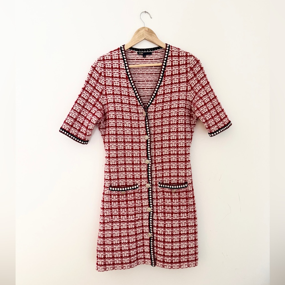 Maje woven Red and White short sleeve Dress with Black Accents silver buttons